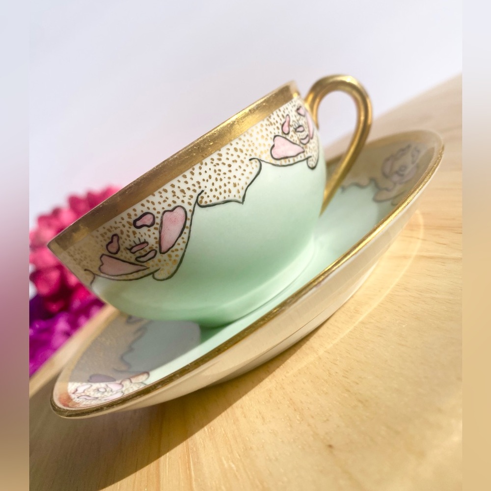 Vintage Tea cup Japan Pink Green Gold Trim Waves Handpainted Lusterware Saucer